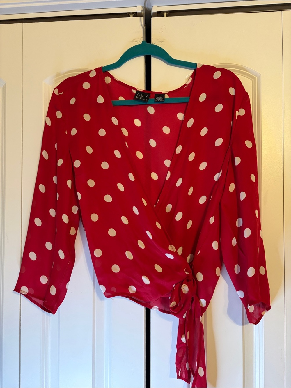 INC International Concepts Red Polka Dot Wrap Blouse